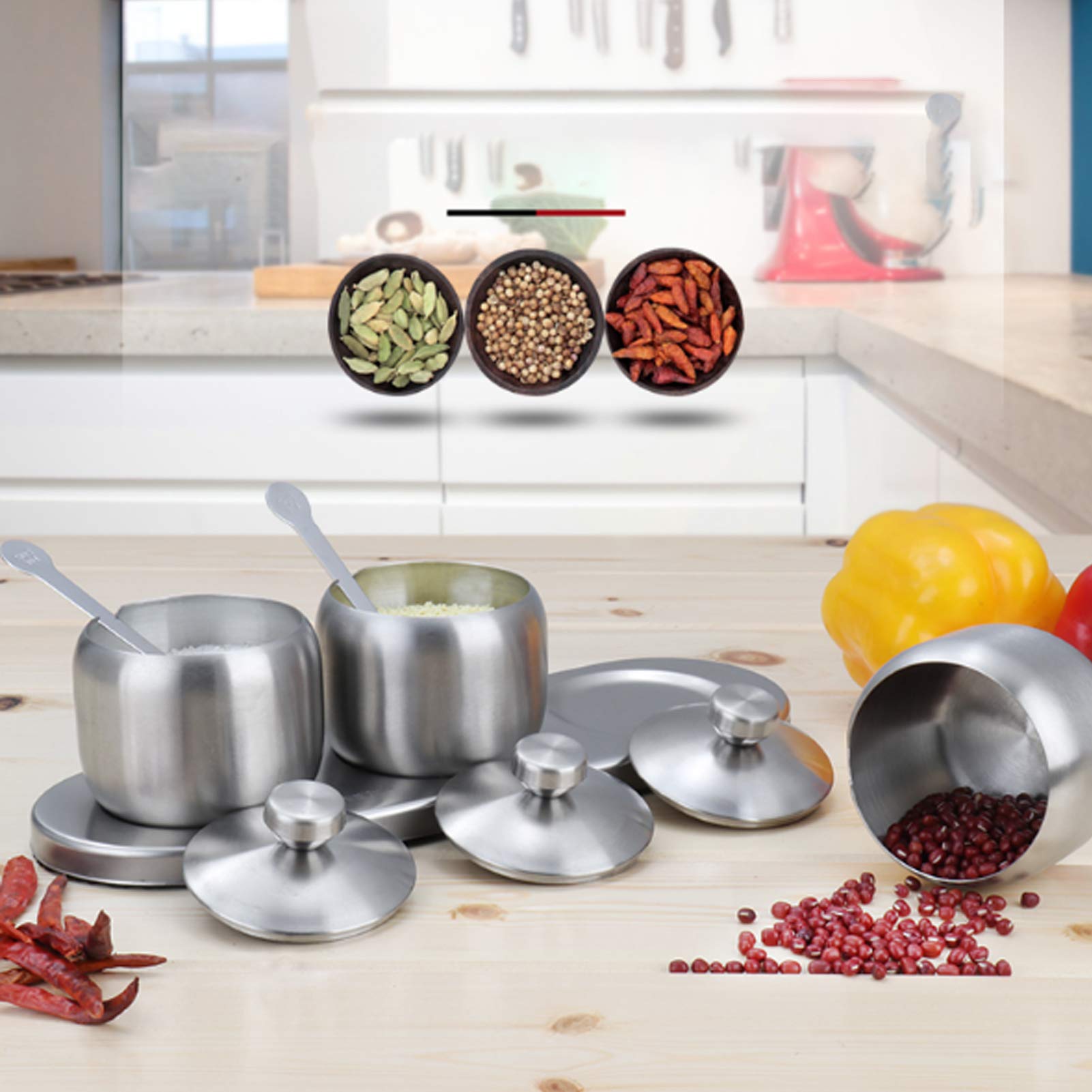 Set di 3 contenitori per spezie in acciaio inox con coperchi e vassoio, ideali per conservare sale, pepe, curry, peperoncino in polvere, organizer per spezie da cucina, 8,5 x 9,5 cm, resistente ed