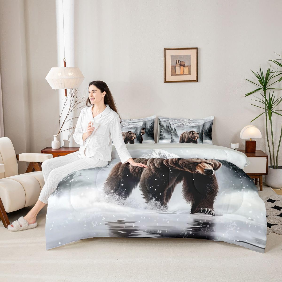 Erosebridal Bear 7 Pcs Bedding Set King Rustic Farmhouse Comforter Set with Sheets Wild Animal Jungle Hunting Bed in A Bag Cabin Countryside Wildlife Bedroom Decor