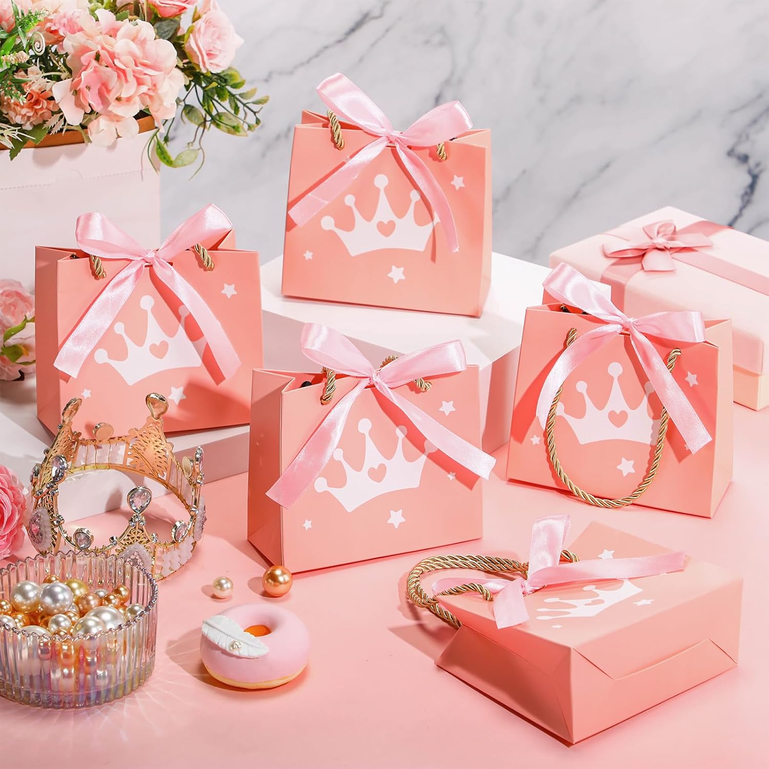 25 Sets Small Crown Princess Party Favor Bags for Guests Light Pink Princess Paper Goodie Candy Bags with Handles Ribbons for Pink Themed Birthday Party Gift - Image 4