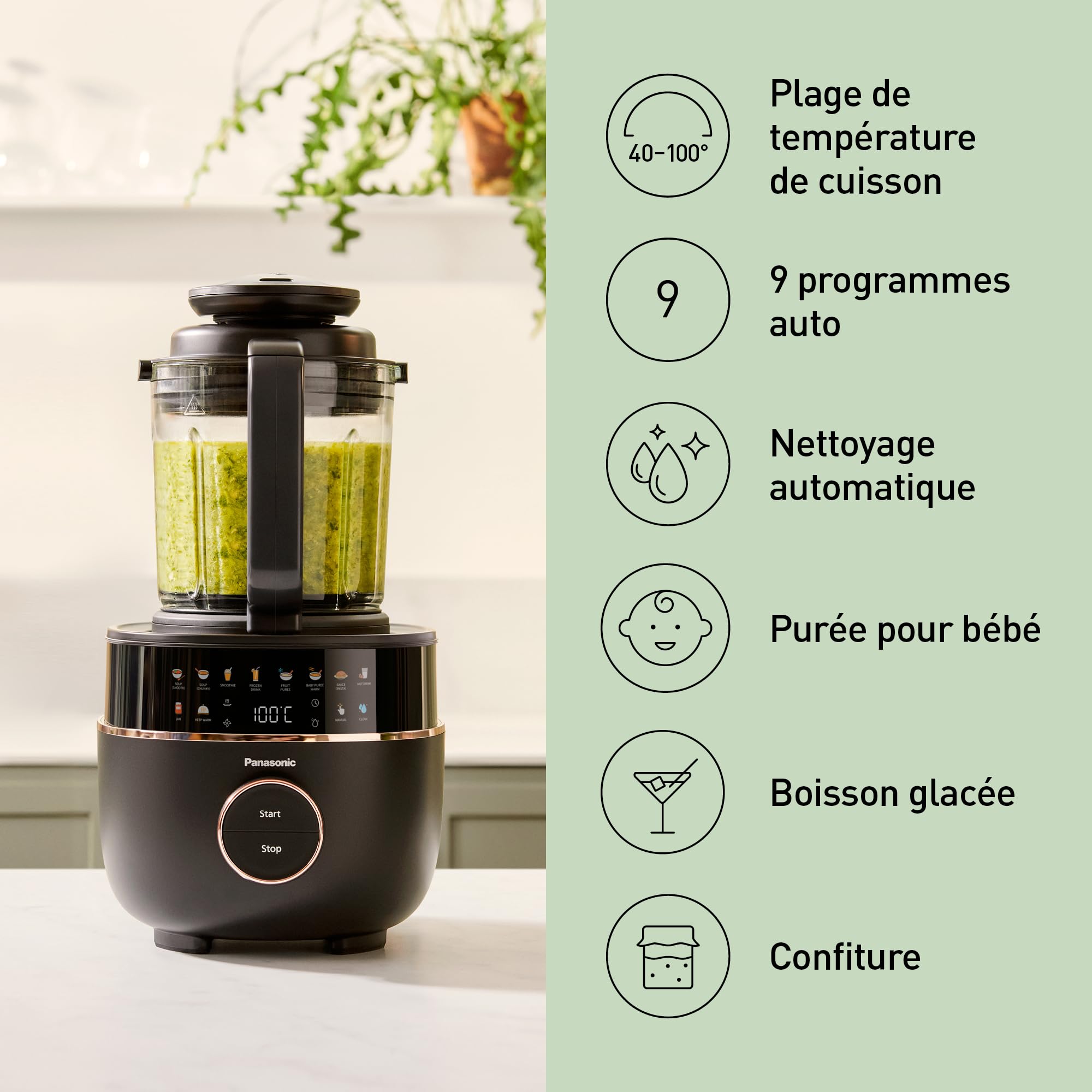 Panasonic MX-HG4401KXE Blender Chauffant, 1.2L, 800W, Chaud et Froid, 9 modes Automatiques, 10 Vitesses, Minuterie, Maintien au Chaud, Nettoyage Automatique, Noir et or Rose