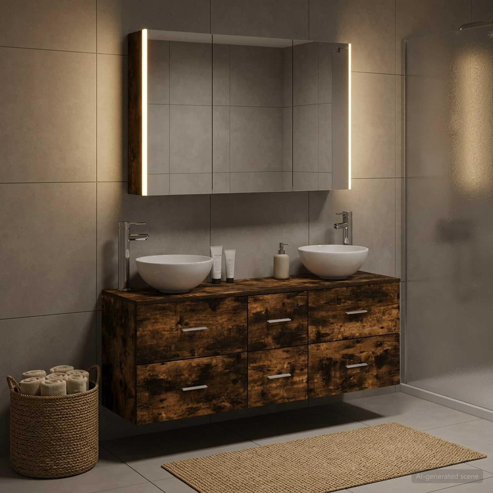 Juego de 4 muebles de baño de roble ahumado con espejo LED, montaje en pared, espacio de almacenamiento e iluminación USB para un diseño moderno de baño