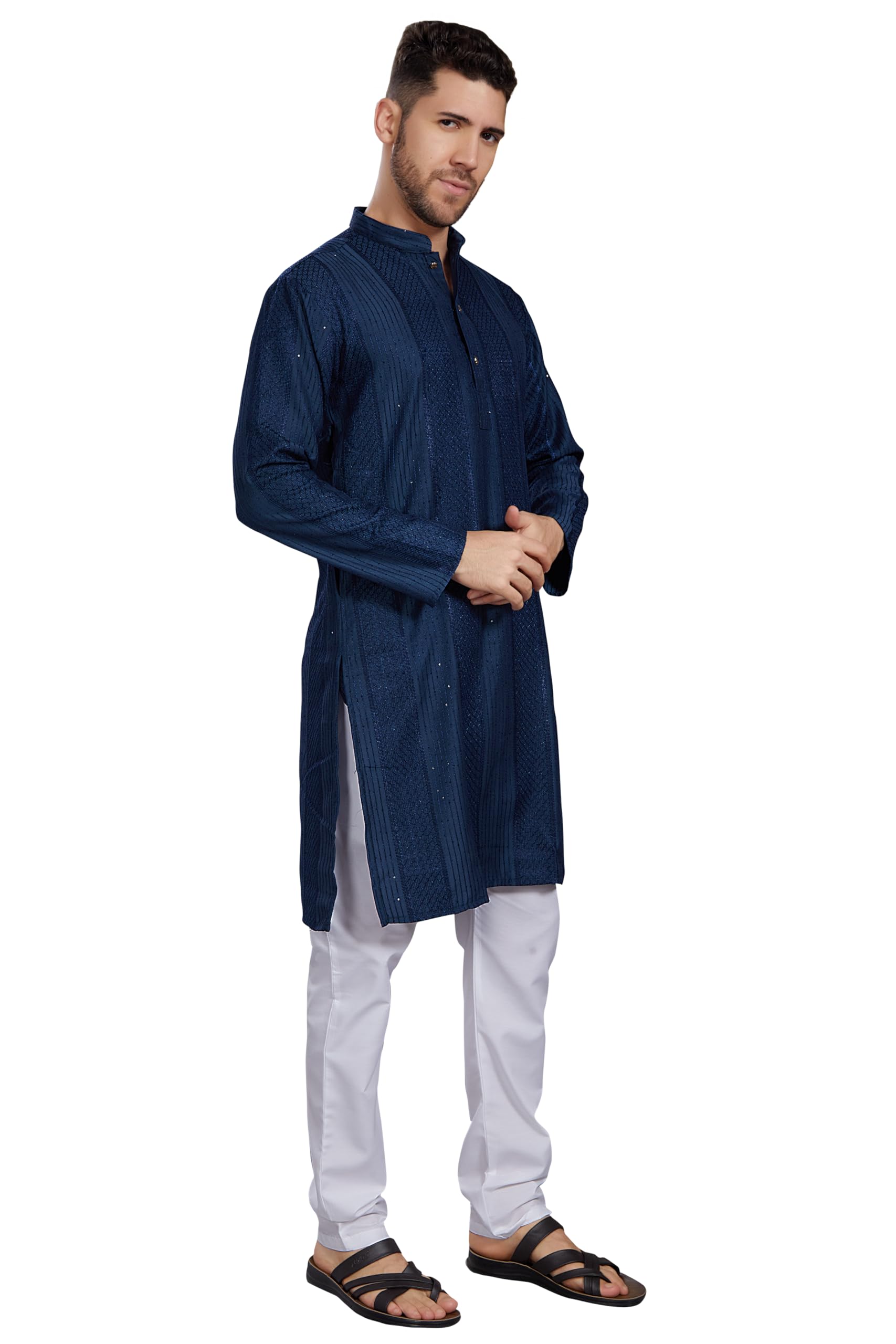 Divisive Men's Thread Embroidered Cotton Blend Only Slim Fit Kurta (Dkrt778_Xl_Navy)