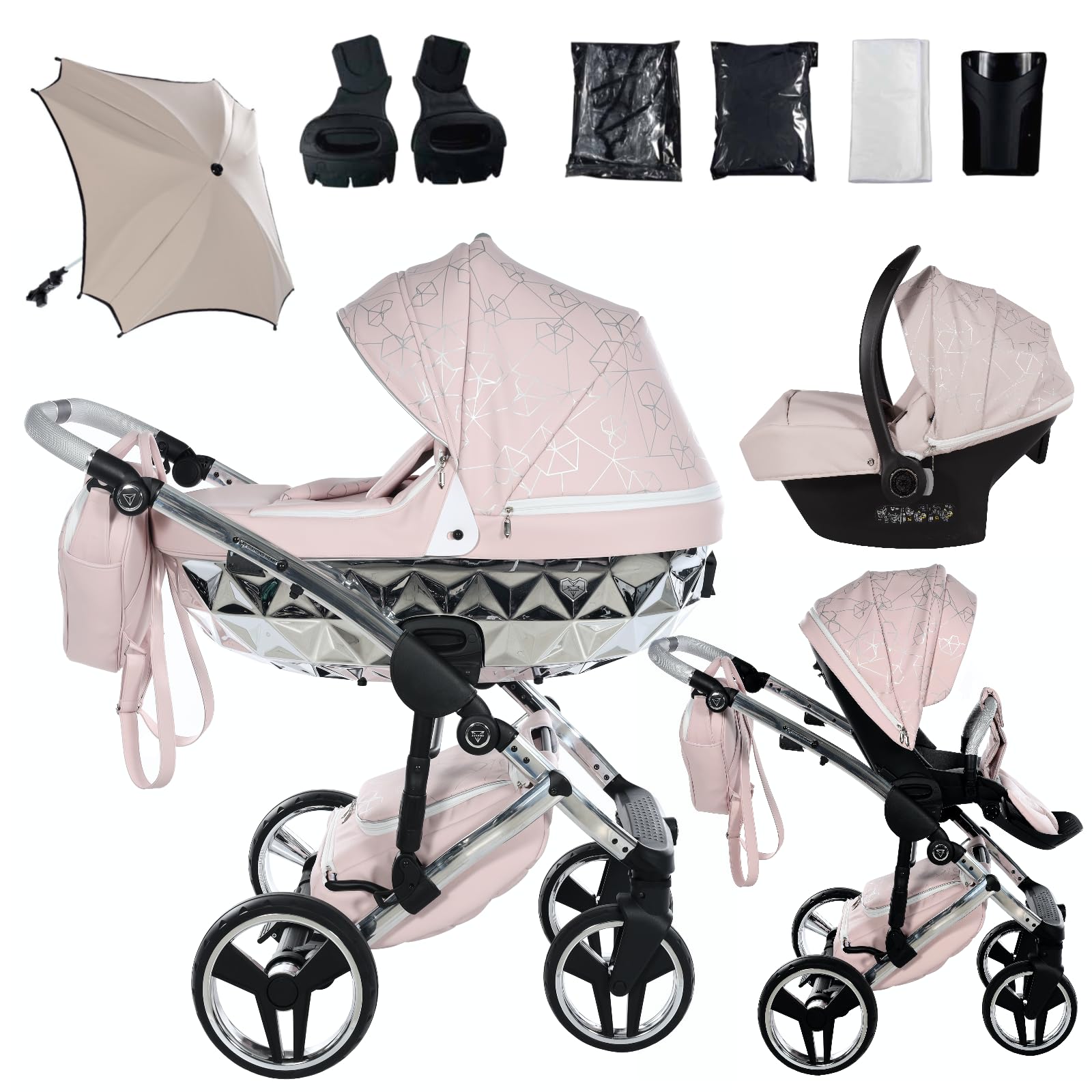 Junama Diamond Heart 06 Rosa y Plateado Cochecito de Bebé 2 en 1, 3 en 1, 4 en 1 + Sombrilla para Carrito (3 en 1 con silla de auto)