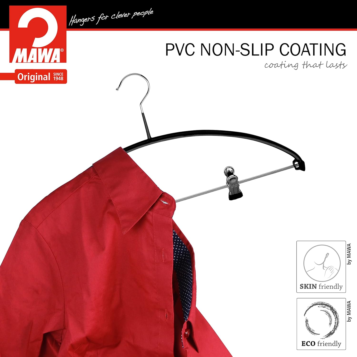 Mawa by Reston Lloyd European Non-Slip Metal Clothing Hanger, Smooth Shoulder Support & Adjustable Pant Clips, Set of 5, Black