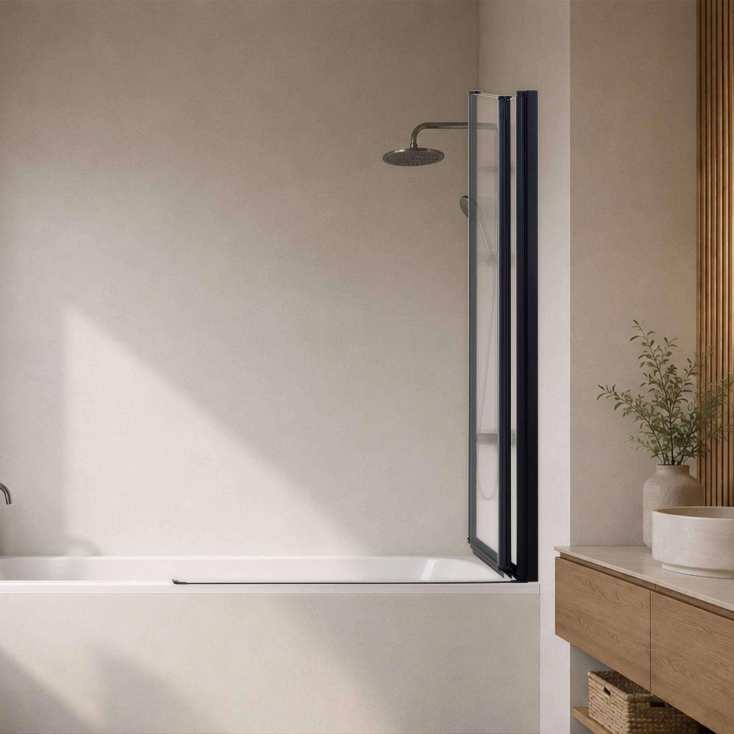 PETRA Mampara de ducha para bañera 100 x 140 cm, 3 paneles plegables, perfiles negro mate, cristal templado transparente 6 mm esg nano