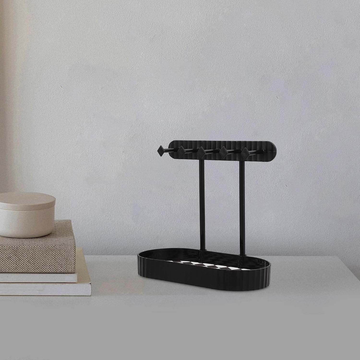 Jewelry Organizer Stand with Earring Hooks and Ring Tray Black Small Jewelry Hanging Display Tower for Necklaces Bracelets and Watches for Dressing Table