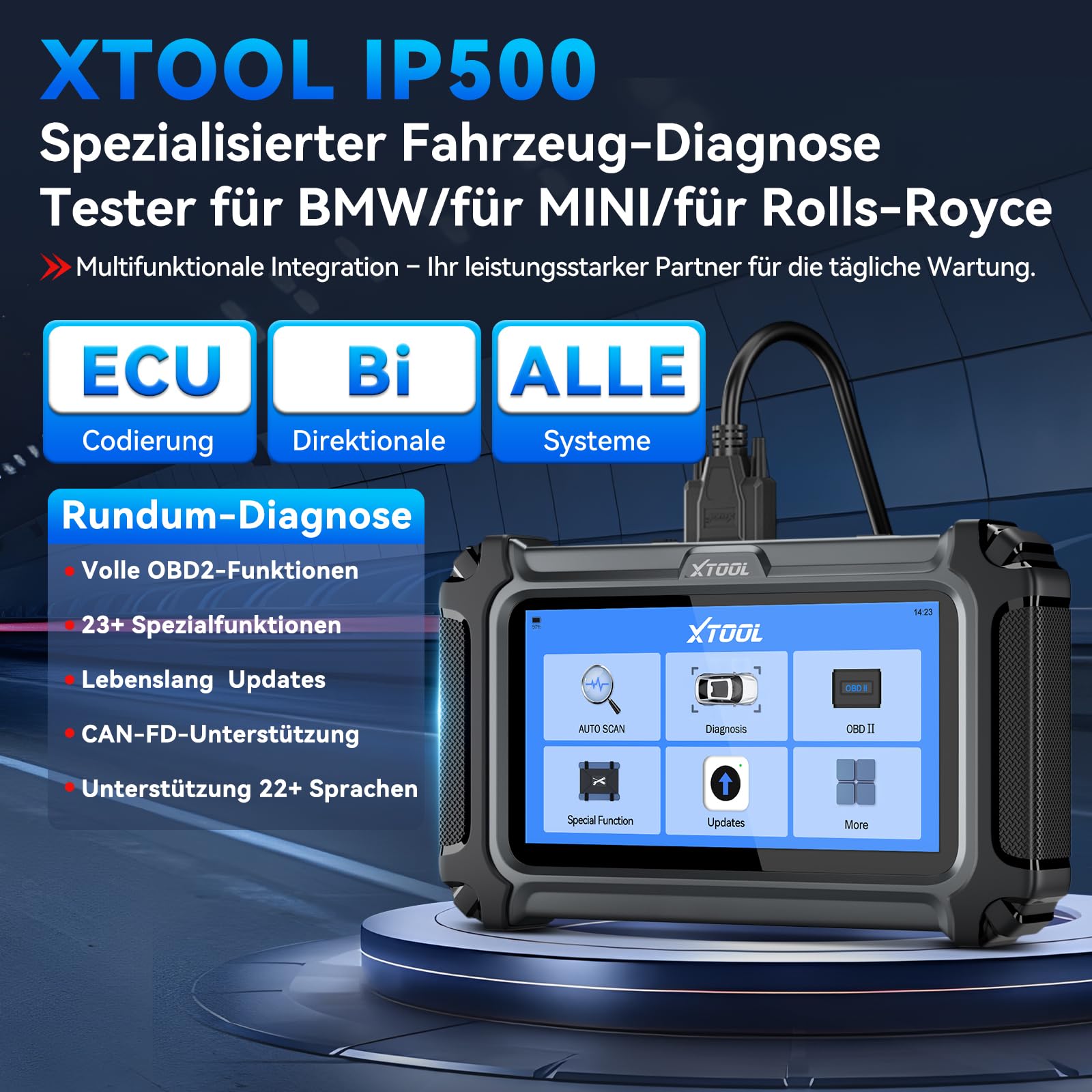 XTOOL IP500-BMR OBD2 Diagnosegerät für BMW/Mini/RR, ECU Codierung, Bidirektionale Steuerung, Vollsystem, Batterieregistrierung, 23+ Resets, ABS EPB SAS SRS DPF, Live-Daten, Lebenslang Updates