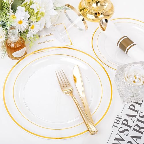 Miniatura 8 de WELLIFE 350 platos de plástico dorado transparente, 100 platos desechables, 150 cubiertos de plástico, 50 tazas, 50 servilletas para bodas y fiestas