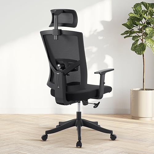 Miniatura 2 de Silla de oficina ergonómica de respaldo alto, soporte lumbar ajustable y reposacabezas, silla de tareas giratoria con reposabrazos hacia arriba,