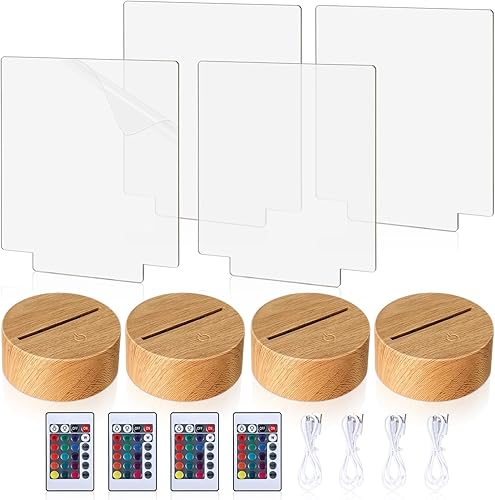 Juego de 4 bases de lámpara LED de noche 3D para regalo, acrílico transparente, hojas de grabado en blanco, regalo de graduación con control remoto,