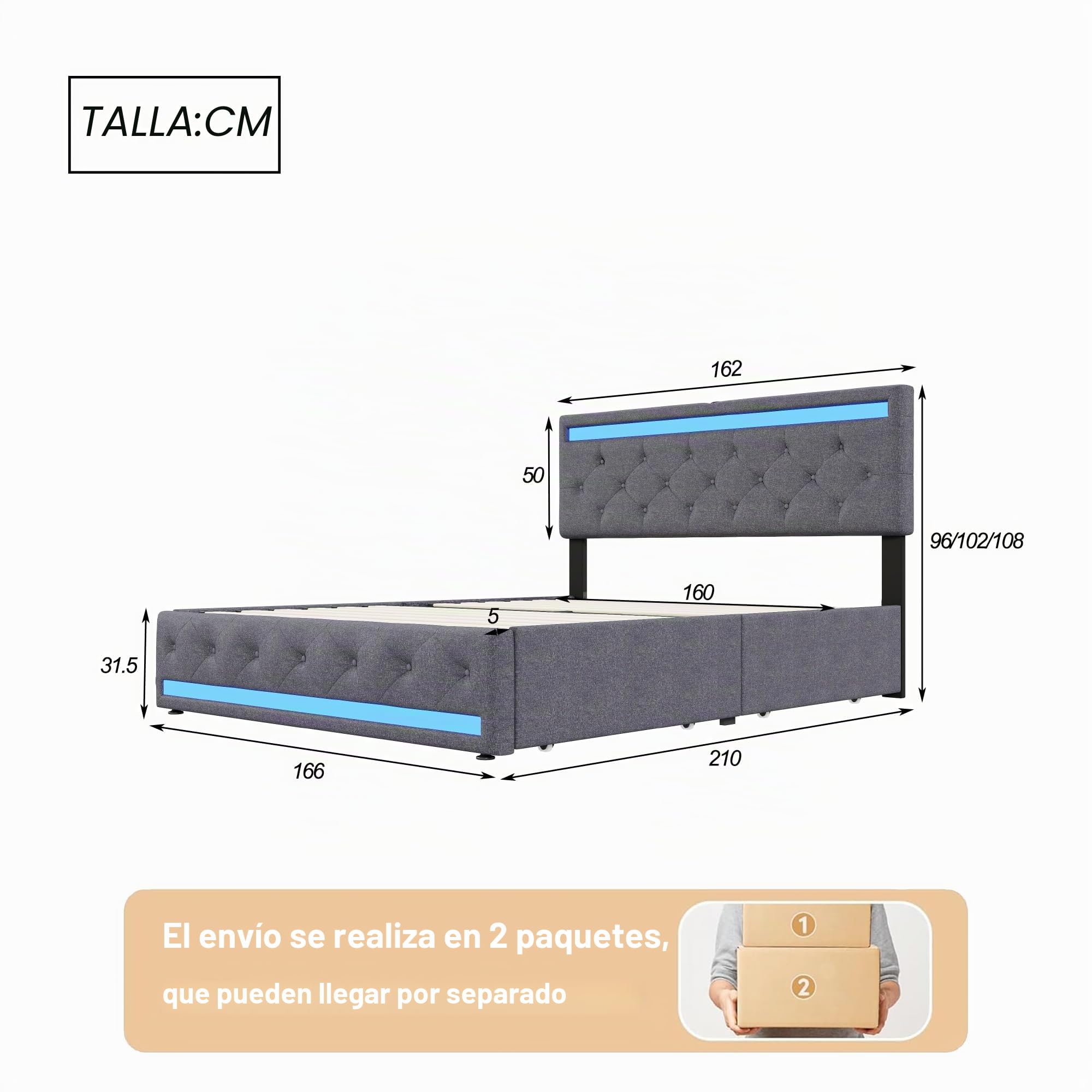 Cama de Matrimonio con Almacenamiento y led, cama Tapizada 160x200 luces led y Cargador Cama con usb y luz led Cama160x200 con 4 Cajones de Almacenamiento, Sin Colchón (A Gris oscuro, 160x200 cm)