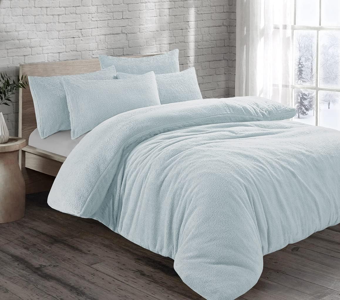 KARKARM New Teddy Bear Sherpa Fleece Double Bed Duvet Cover Set – Teddy Fleece Duvet Cover Double with 2 Pillow Cases – Plain Reversible Winter Warm Bedding Quilt Covers Sets, Duck Egg