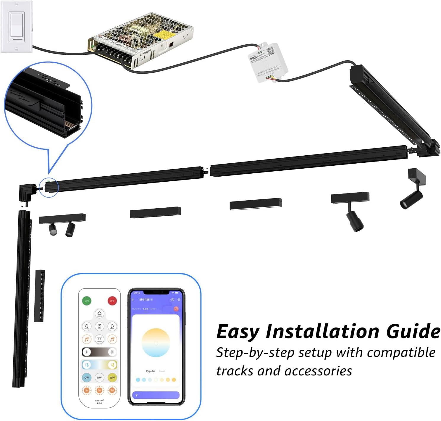 Magnetic Track Lighting Rail, 4-Wire Recessed Aluminum Rail for LED Track Light System, Flush Mount 24V Low Voltage Adjustable Track for Ceiling (19.7inch/1.6ft)