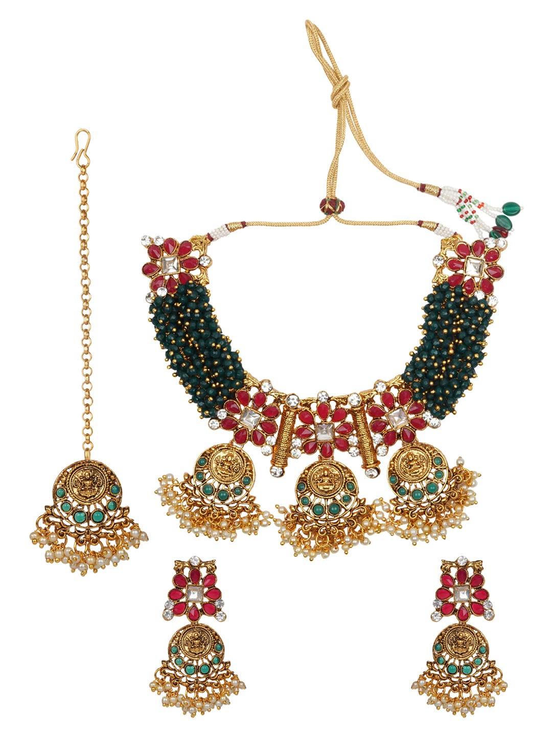 Glezza Jewels Indian Traditional Gold Plated Red Green And Pearls temple Choker Neckless Set with Earrings and Maang Tikka for Women & Girls. (B0BY93XK3C) Amazon Price History, Amazon Price Tracker