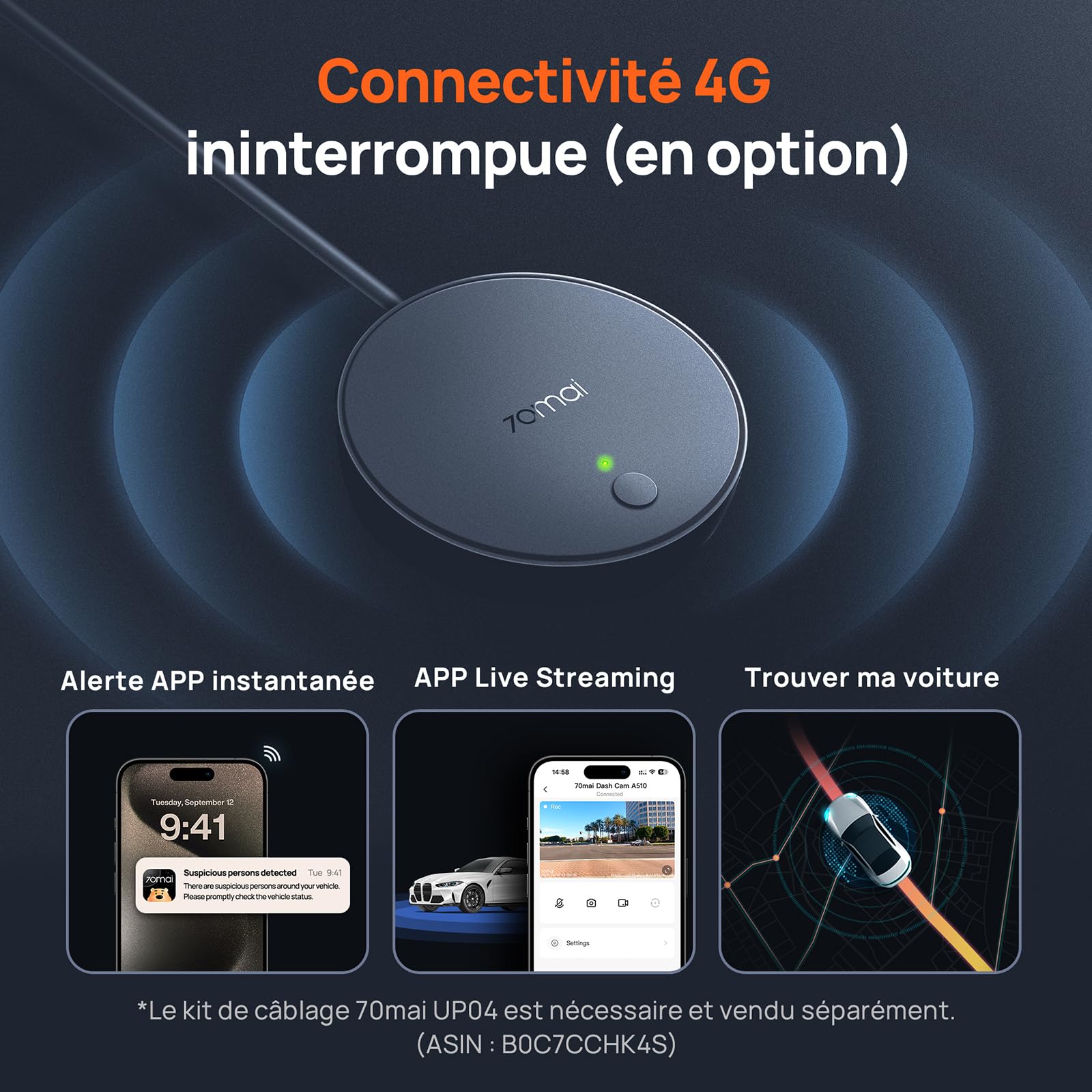 70mai Dash Cam Voiture A510 3K 1944P+1080P Dashcam, STARVIS 2 Camera Embarquée, Dash Cam Avant Arriere, GPS, WiFi, Surveillance Parking, Enregistrement en Boucle, Vision Nocturne avec HDR, ADAS