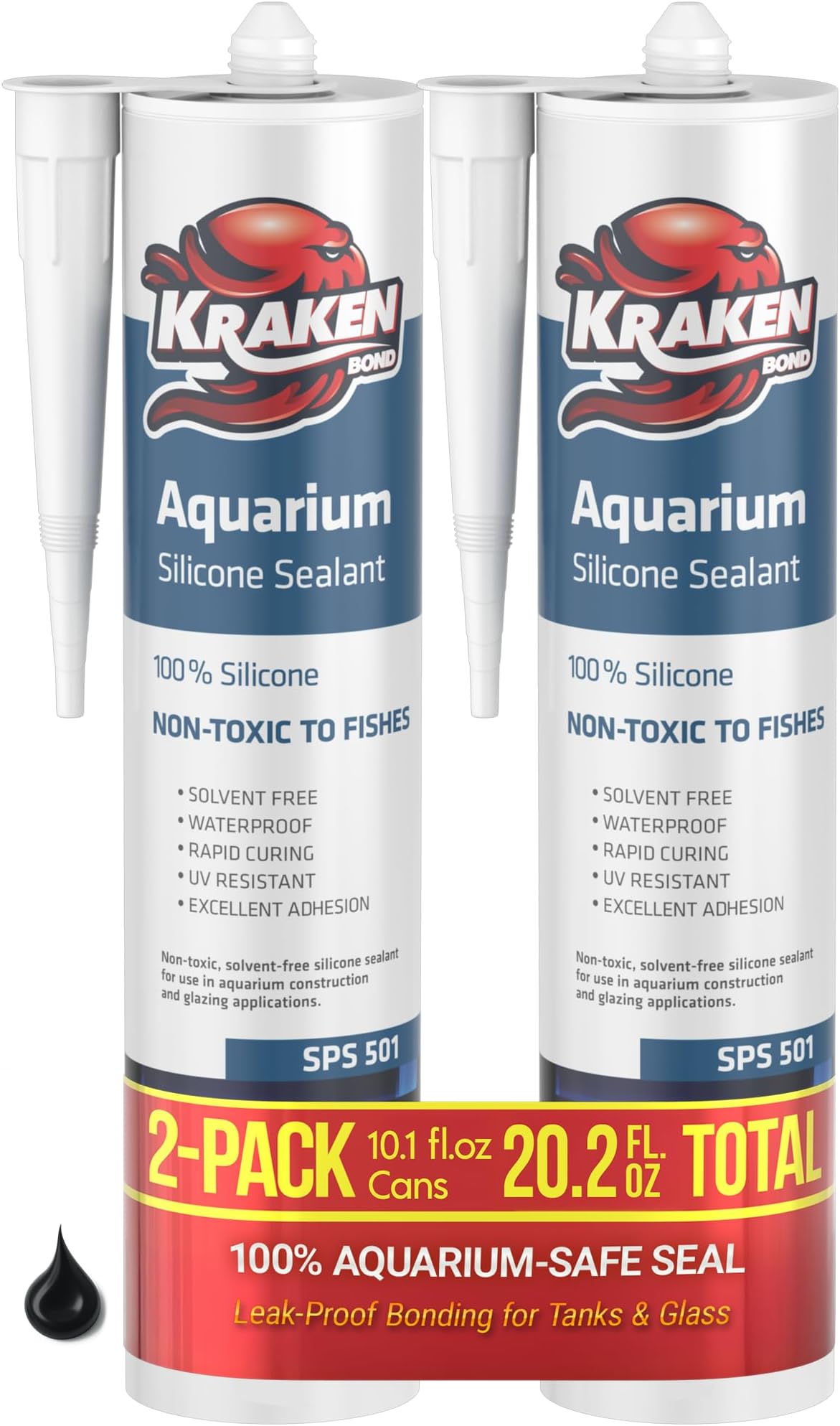 Kraken Bond Black Aquarium Silicone Sealant - (2x10.1 fl. oz.) 100% Waterproof Aquarium Safe Silicone, Non-Toxic Fish Tank Safe Sealant, Fast Curing and Strong Adhesion, 2 Pack