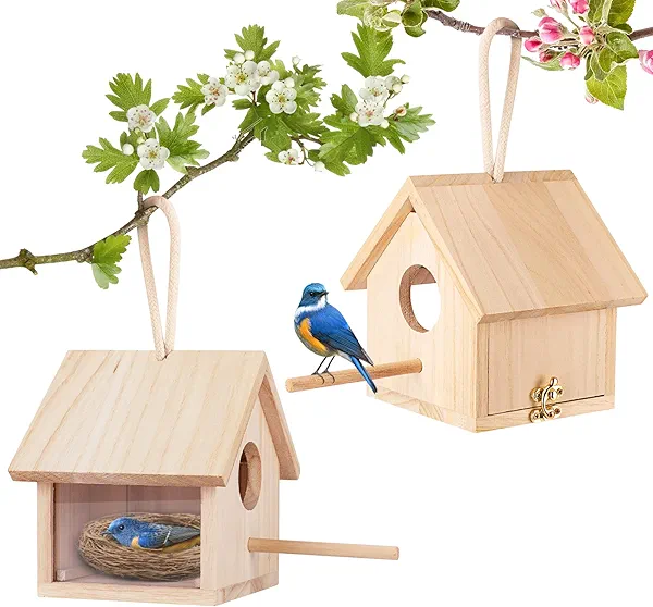 GINDOOR 2Pcs Bird Houses for Outside Clearance with Pole, Wood Birdhouse Blue Bird House Birdhouses for Outdoors Hanging Garden Patio Decorative for Swallow Sparrow Hummingbird Finch Throstle