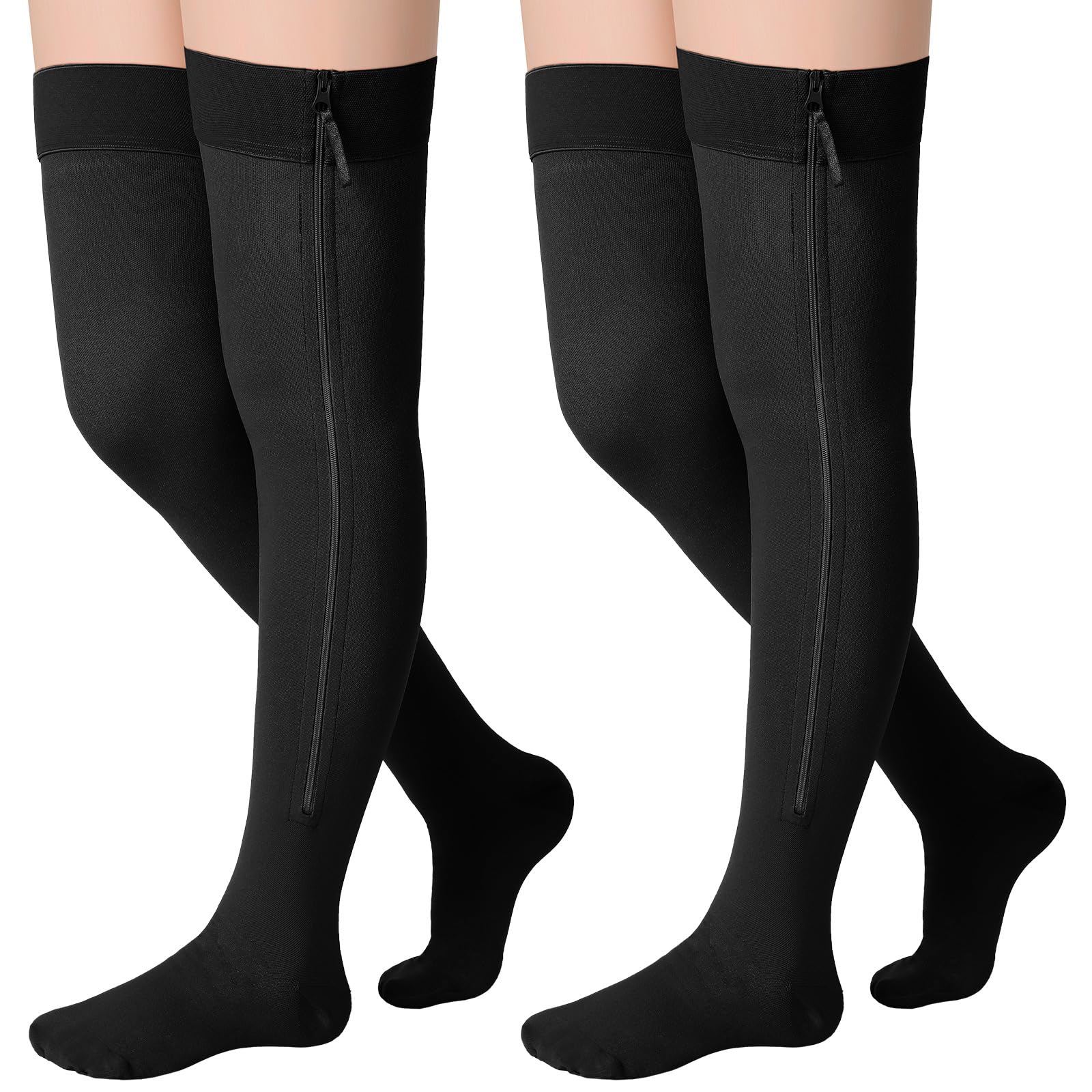 Sosation 2 Pairs Thigh High Zipper Compression Socks