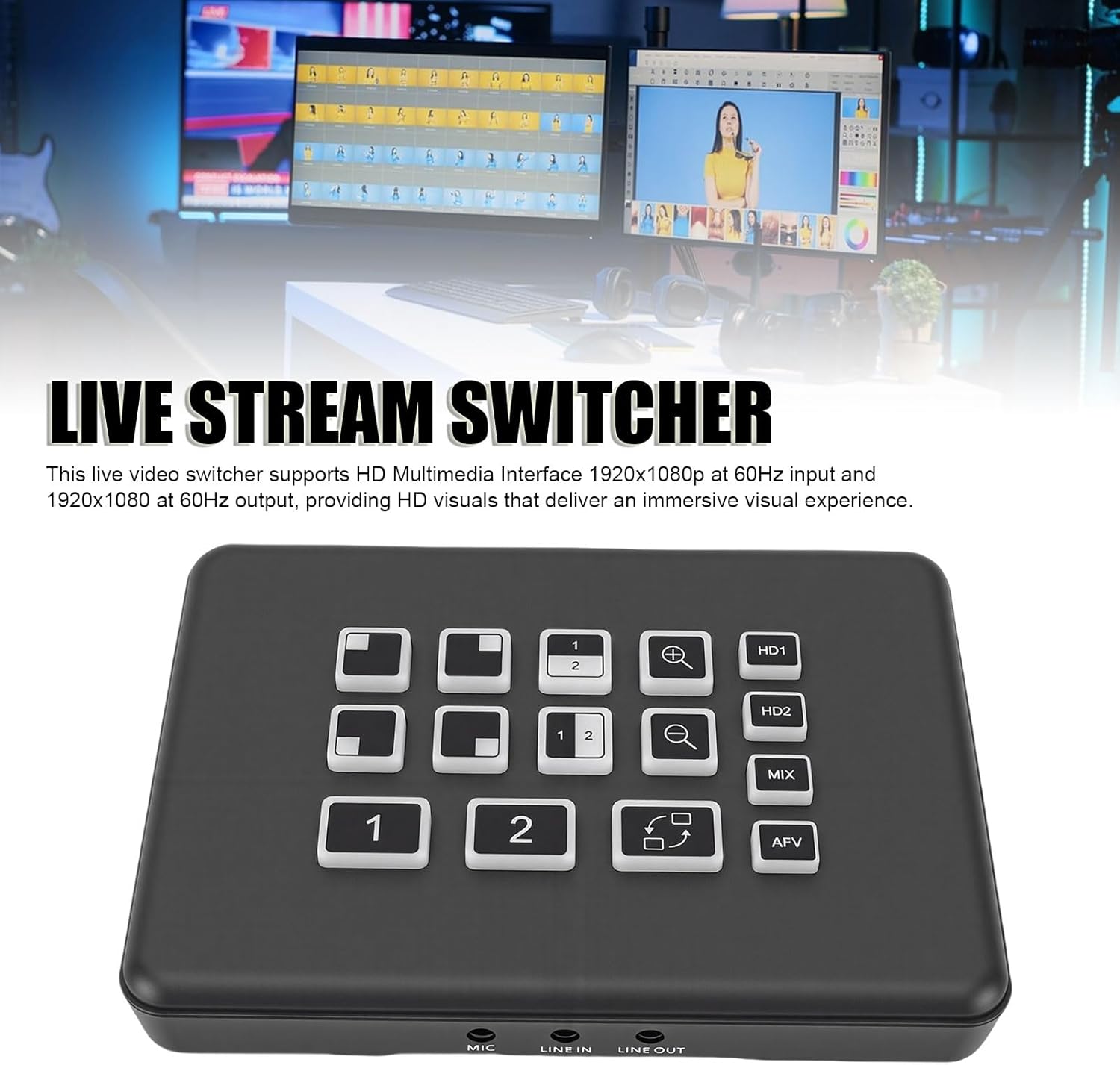 2x1 Live Video Switcher, HD Multimedia Interface Input Card with 1080p 60Hz, 3.5mm Microphone, PiP, Plug Play for OBS VLC Streaming TikTok (US Plug)