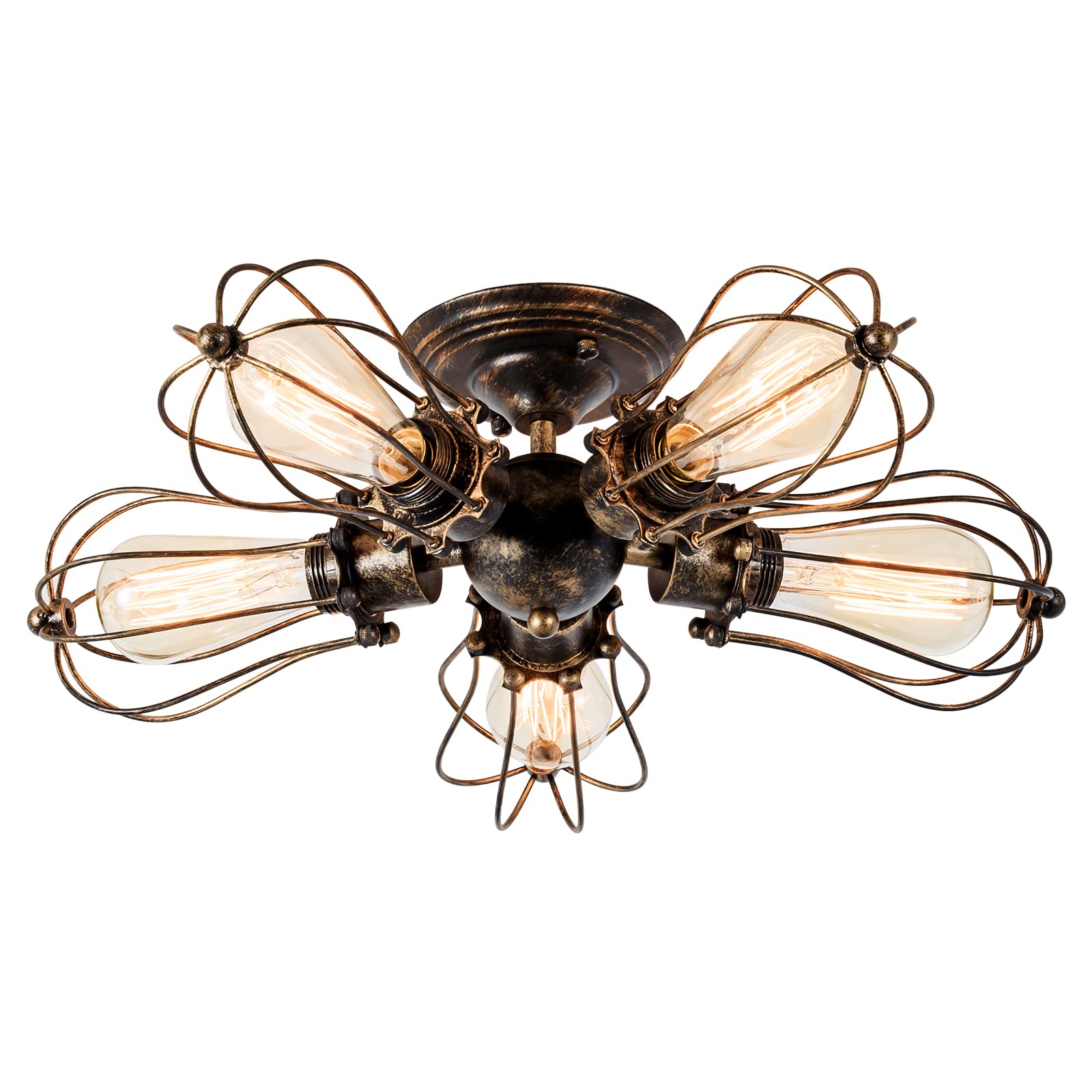 Luling Bronze Vintage Ceiling Light Industrial, Chandeliers E27 Socket Metal Wire Cage Lamp Semi-Flush Mount Rustic Ceiling Light Metal Lamp Fixtures (No Bulb) (With 5 Light) (Bronze)