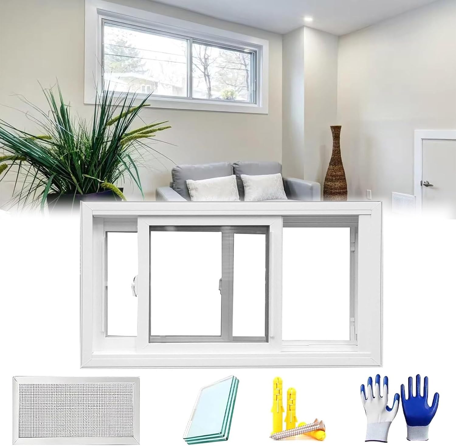 Basement Window, Basement Replacement Window with Tempered Glass and Removable Screen, 12-40In Custom Sizes, Basement Sliding Windows for Shed, Bathroom, House(White,34 x 12in)
