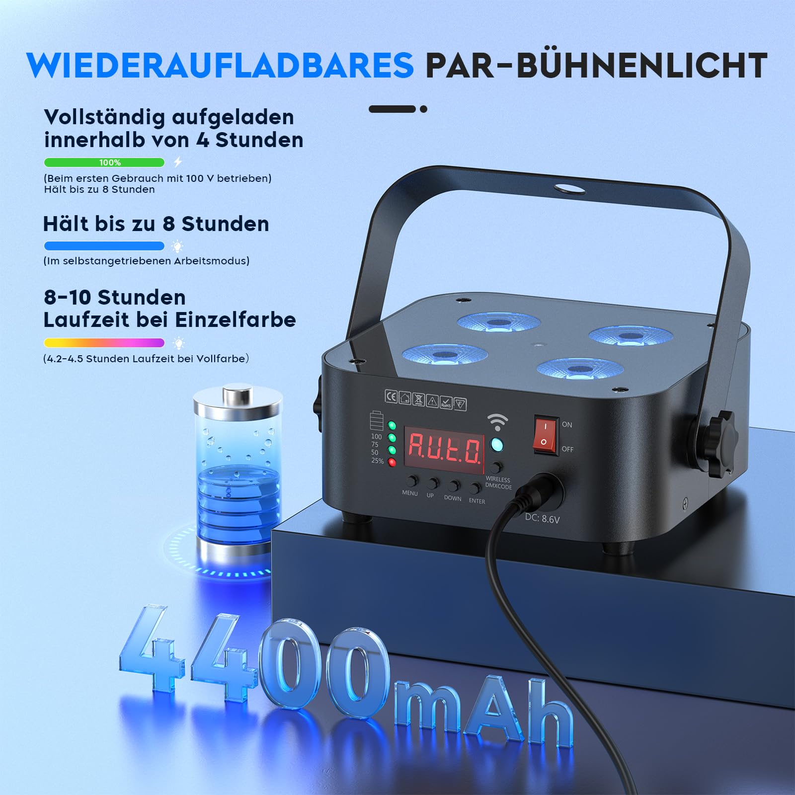 4 * 18W 6 in 1 Luce par a Batteria LED, 2PCS Mini Luce da Discoteca RGBWA+UV, Faretto per Effetti Scenici con Telecomando/APP/2.4DMX, Ricaricabile Adatto per Club di Compleanno di Feste Sul Palco