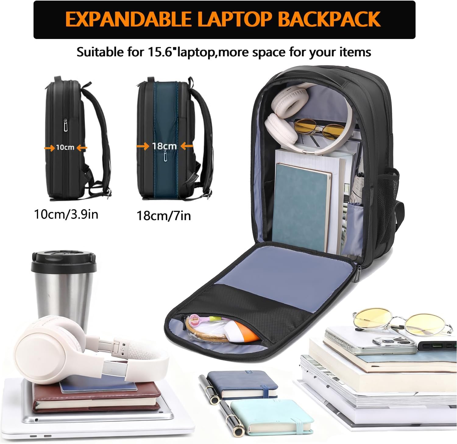 15.6-Inch Laptop Backpack, Expandable Slim Design,Waterproof, USB and Type-C Charging Ports, Professional Computer Bag (black) - Image 2