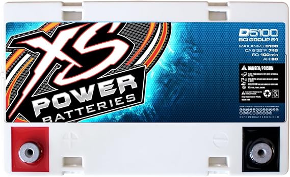XS Power D5100 3100 Amp AGM Battery with M6 Terminal Hardware - Group 51 12 Volt 66Ah 872CA Deep Cycle AGM Powercell for Car Audio Systems and Performance Cars