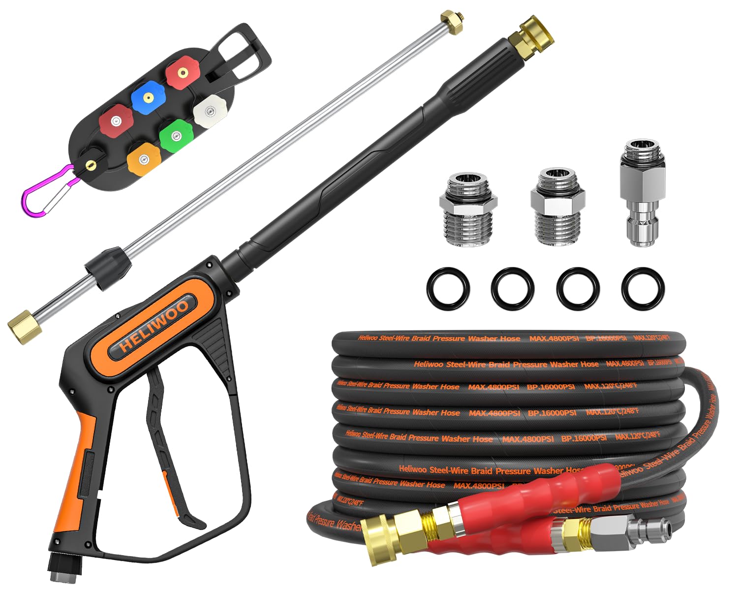 Photo 1 of Heliwoo 5000PSI Pressure Washer Gun and Hose Kit, 25FT Kink Resistant Steel Braided Power Washer Hose with 3/8" Swivel Quick Connector and M22 14mm Adapters Replacement
