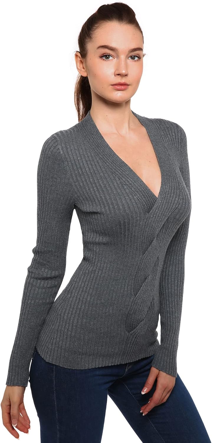 AmélieBoutik Women V Neck Twist Front Cable Knit Long Sleeve Ribbed Sweater - Image 3