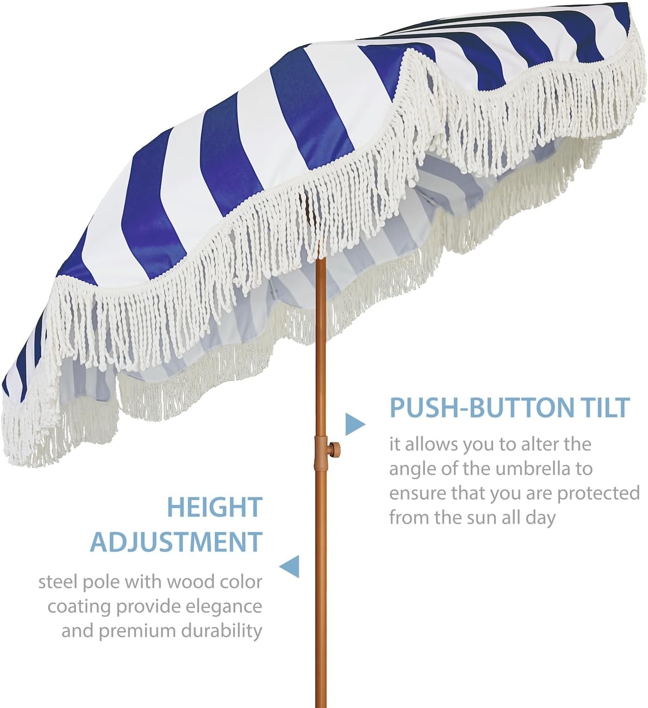 AMMSUN Boho Fringe Umbrella Outdoor Patio, 6.5ft UPF50+ Picnic Umbrella with Tassels with Steel Pole and Push Button Tilt, Navy Stripe