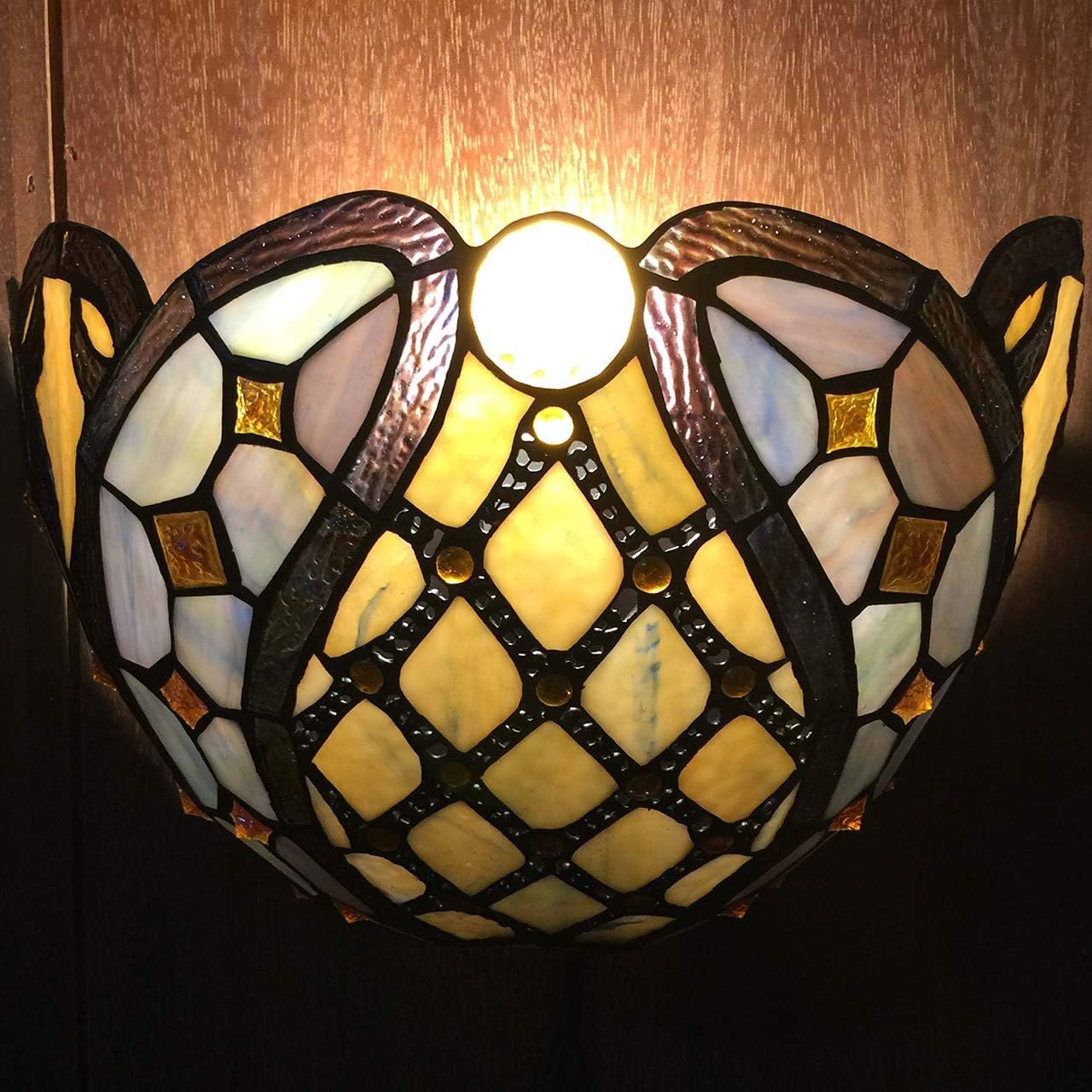Bieye L10816 Baroque Brass Ball Chain Tiffany Style Stained Glass Wall Sconces Night Light for Living Room Bedroom Home Decoration, 12" W x 8" H