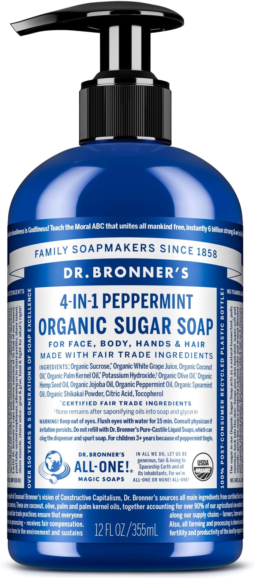 Dr Bronner’s 4-in-1 Organic Peppermint Soap, Made with Organic Oils and Shikakai Powder. For Hands, Body, Face & Hair. Fair Trade Certified & Vegan Friendly, 335ml Recycled Pump Bottle