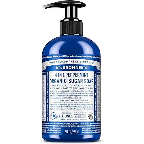 Dr. Bronner's - Organic Sugar Soap (Peppermint, 12 oz) - Made with Organic Oils, Sugar & Shikakai Powder, 4-in-1 Uses: Hands, Body, Face & Hair, Cleanses, Moisturizes & Nourishes, Vegan, Non-GMO