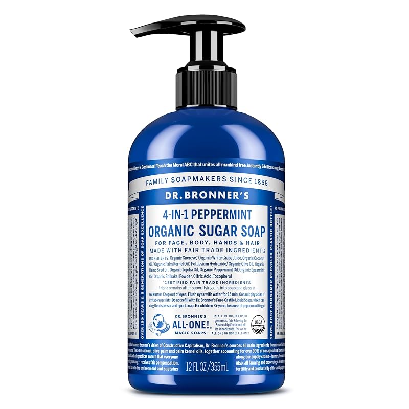 Sabonete líquido de açúcar orgânico Dr. Bronner's Peppermint, 355 mL