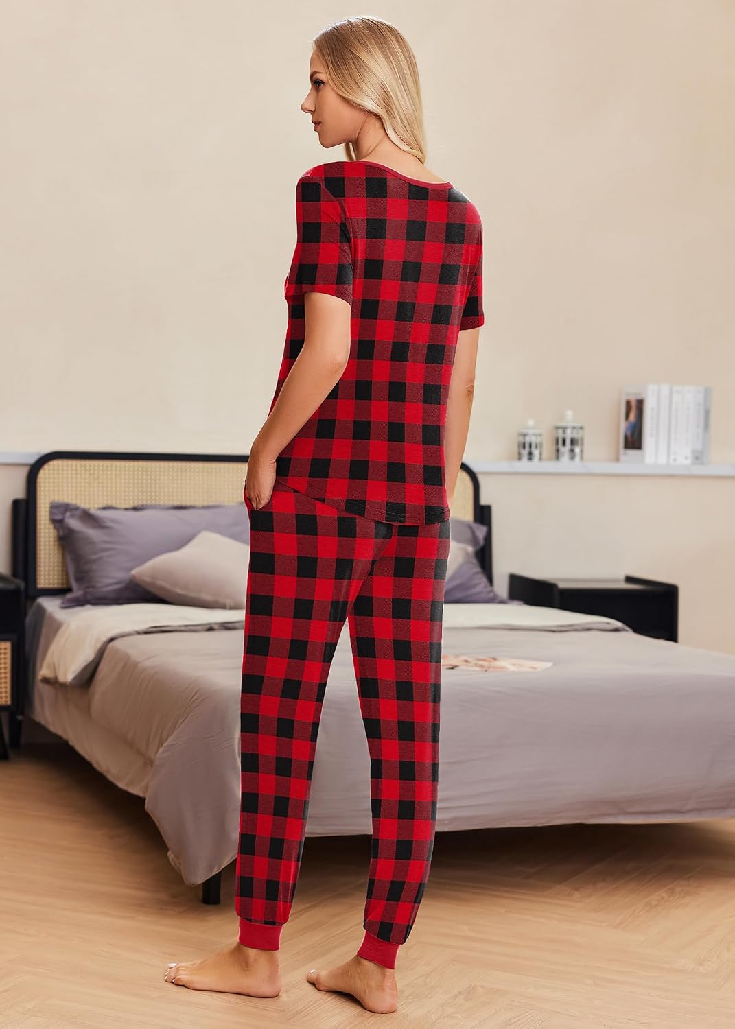 Ekouaer Pajamas for Women Set 2 Piece Short Sleeve Fall Pjs with Pockets image 5