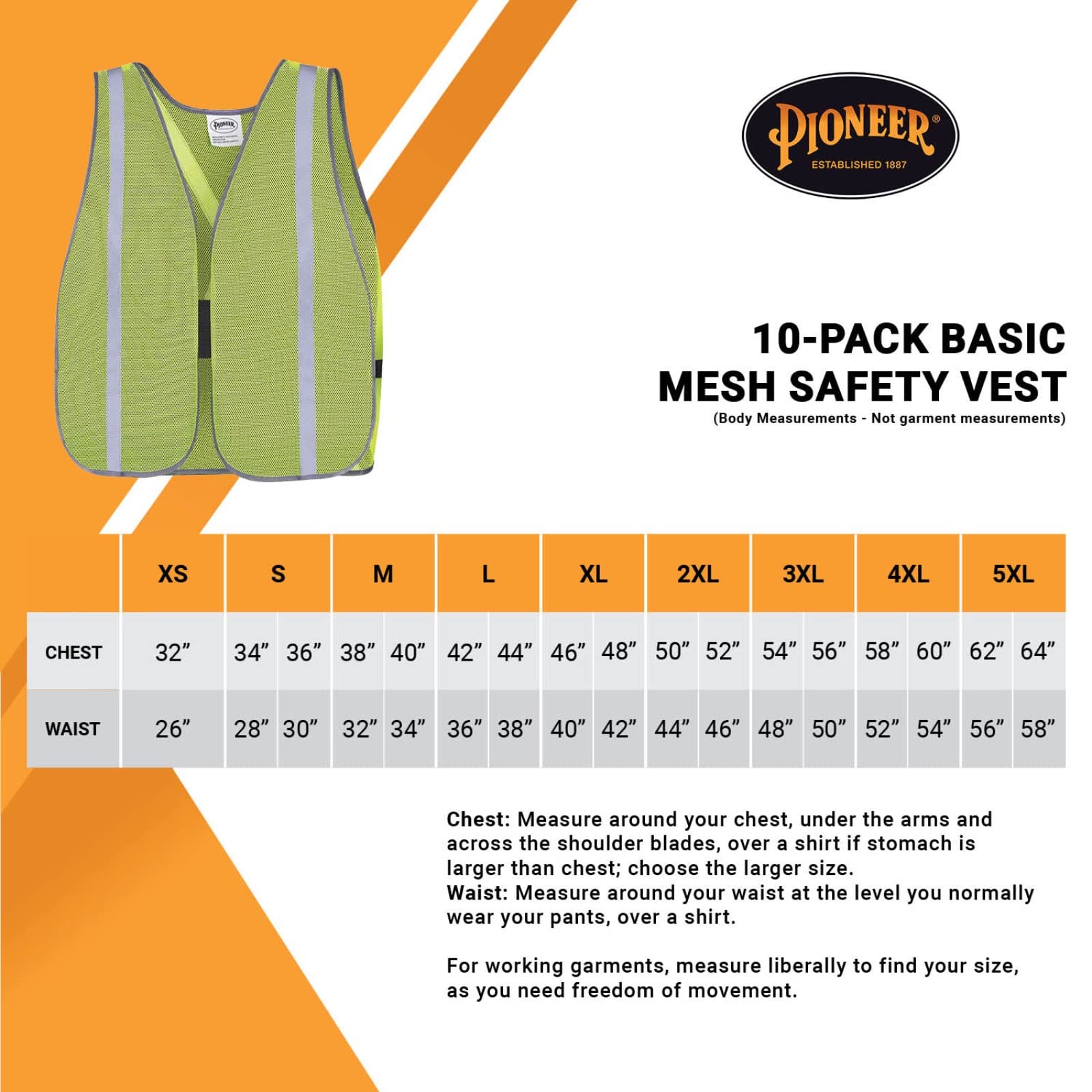 Pioneer Chalecos de seguridad para hombre - Paquetes de 1 o 10 - Malla reflectante de neón con cinta plateada, cierre lateral elástico - Talla única - naranja, amarillo/verde, paquete de 1