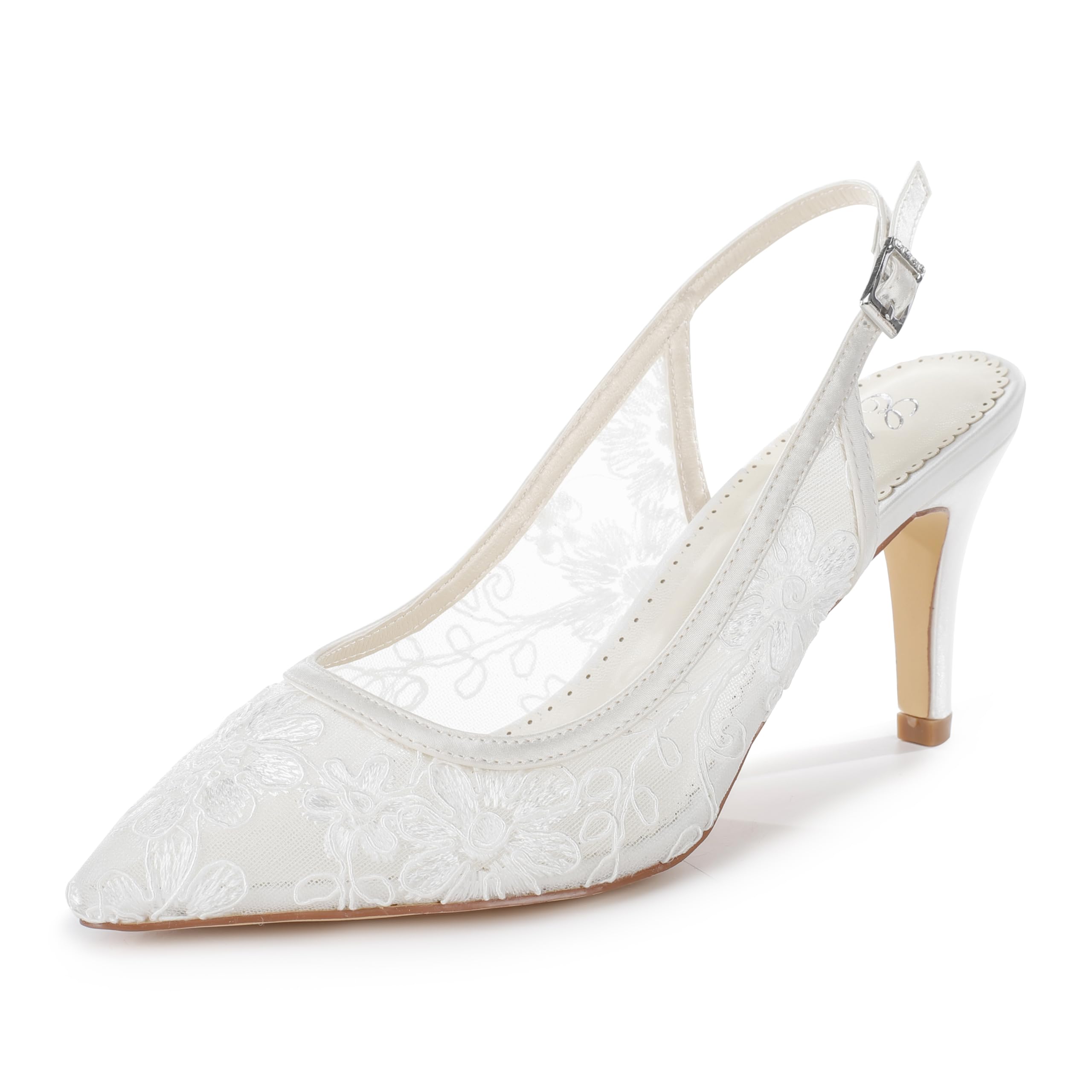 Elivandon 870175 Frauen Slingback Spitze Hochzeitsabsätze Schnallenriemen 8 cm Mittlerer Absatz Hochzeitsschuhe Brautschuhe
