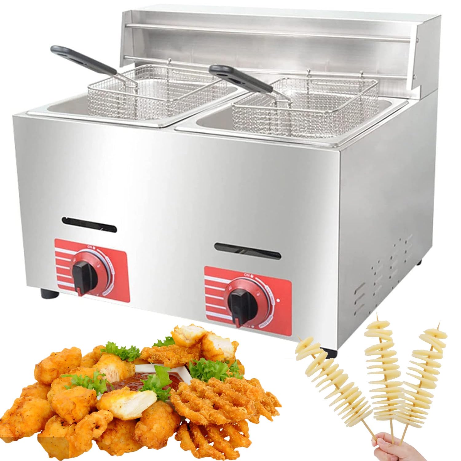 Friggitrice a Gas di Grande capacità, friggitrice GPL in Acciaio Inossidabile per Uso Domestico e Commerciale, Potenza di Fuoco Regolabile, con cestelli e coperchi (12L)