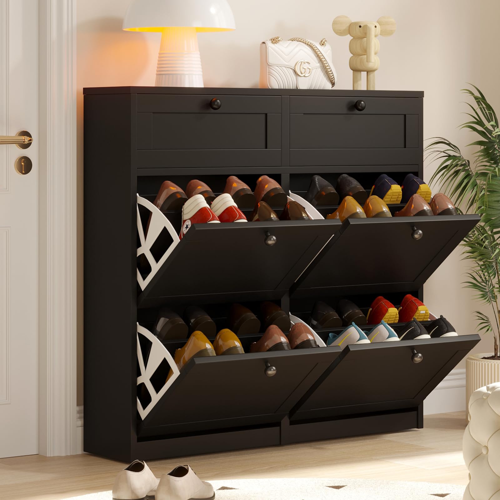 VOWNER Zapatero 4 Puertas, Zapatero Estrecho, Entrada Recibidor, 105 x 24 x 100 cm (Largo x Ancho x Alto), Madera, para Entrada Estrecha, Pasillo, Negro