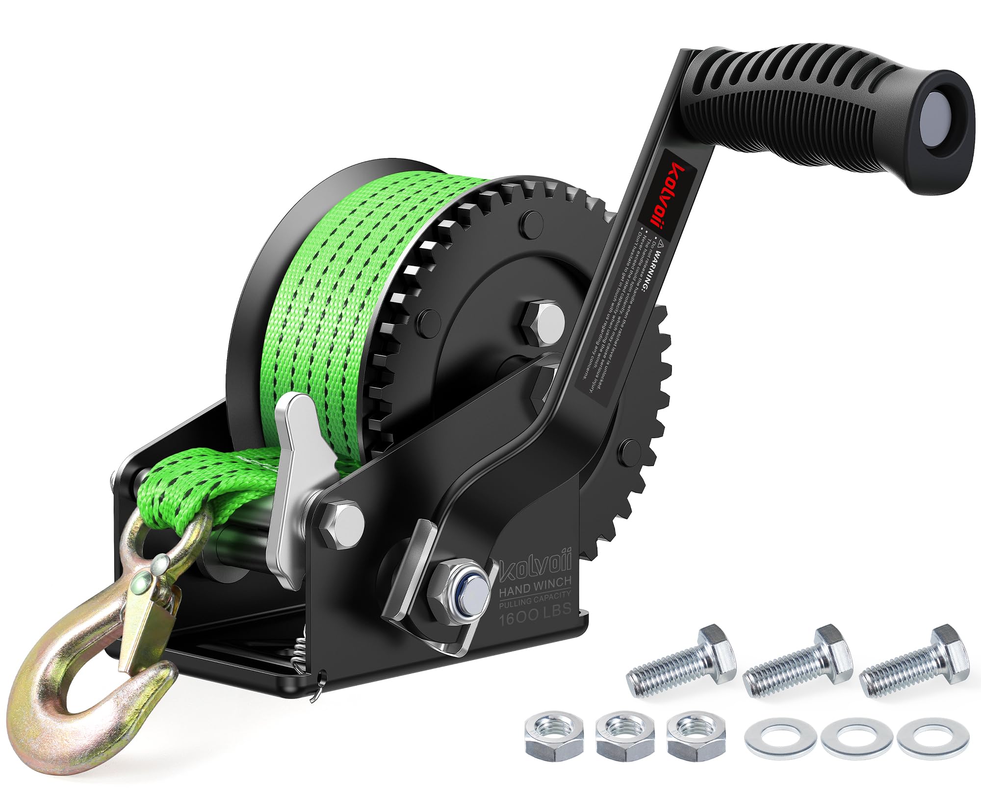 Kolvoii 1600 lb Boat Trailer Winch, 26 ft Strap, 4.1:1, Green