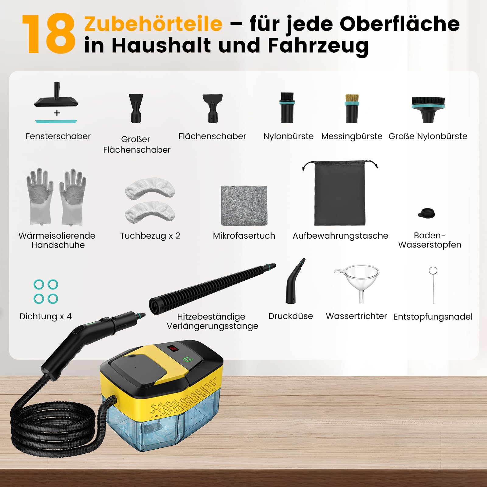 Limpiador a vapor profesional de 2500 W, 15 segundos, con 18 unidades de juego de limpieza y barra de extensión, para muebles tapizados, coche, baño, ventana, azulejos (5, negro)