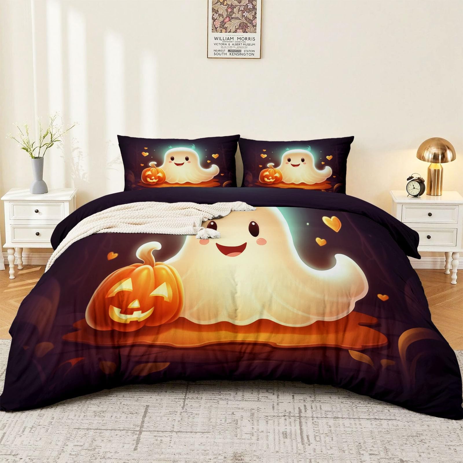 Poszwa na kołdrę 240 x 260 cm Zestaw pościeli z mikrofibry z 2 x poszewką na poduszkę, kreskówka dynia duch motyw dla dorosłych z nadrukiem poszwa na kołdrę, kolorowe zestawy pościeli