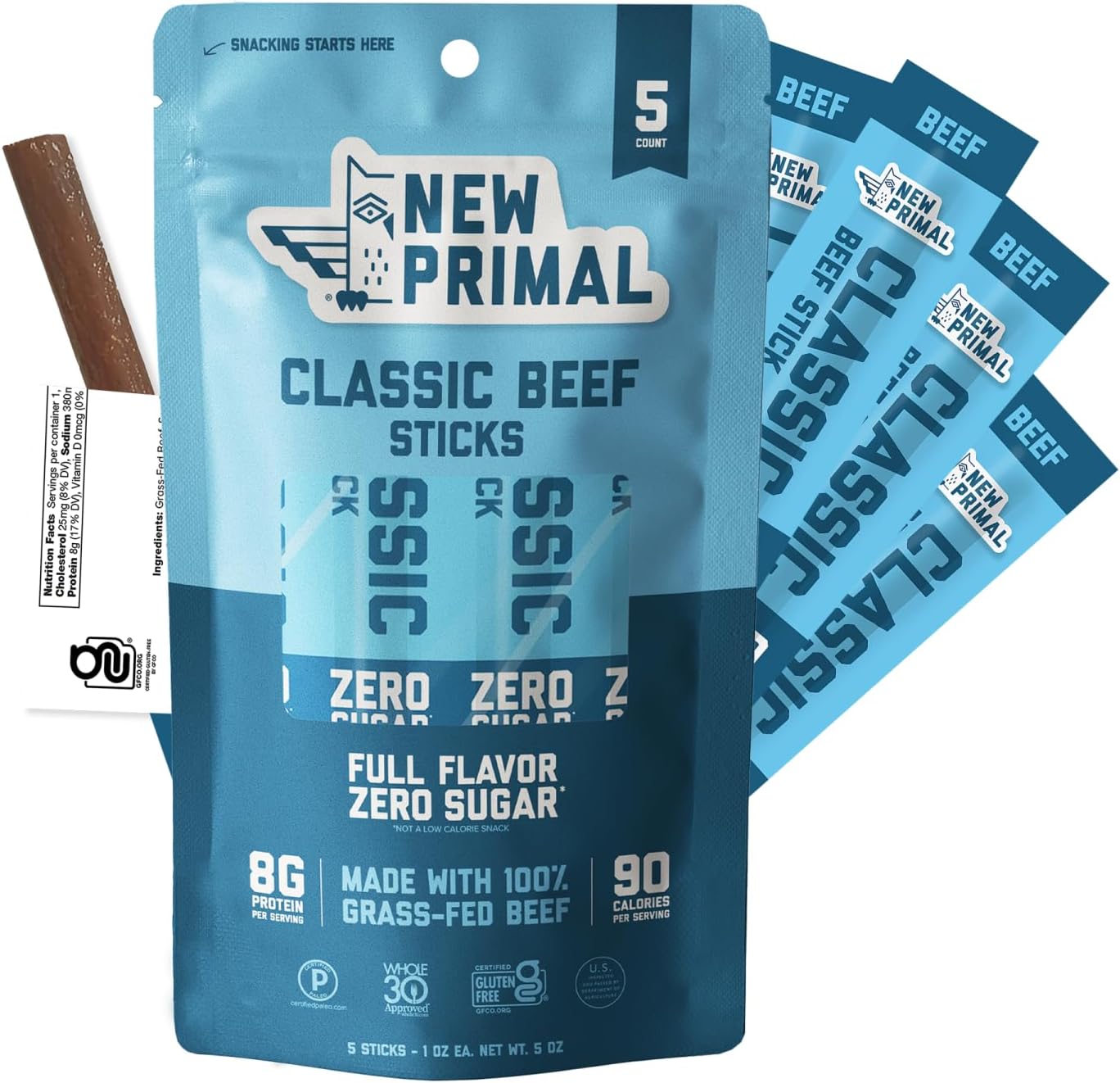 The New Primal Classic Beef Stick - (5 Count) 1 oz Meat Stick - 100% Grass-Fed Beef - Whole30 Approved, Certified Paleo, Keto, and Gluten-Free Meat Snack with 6g of Protein and Zero Sugar