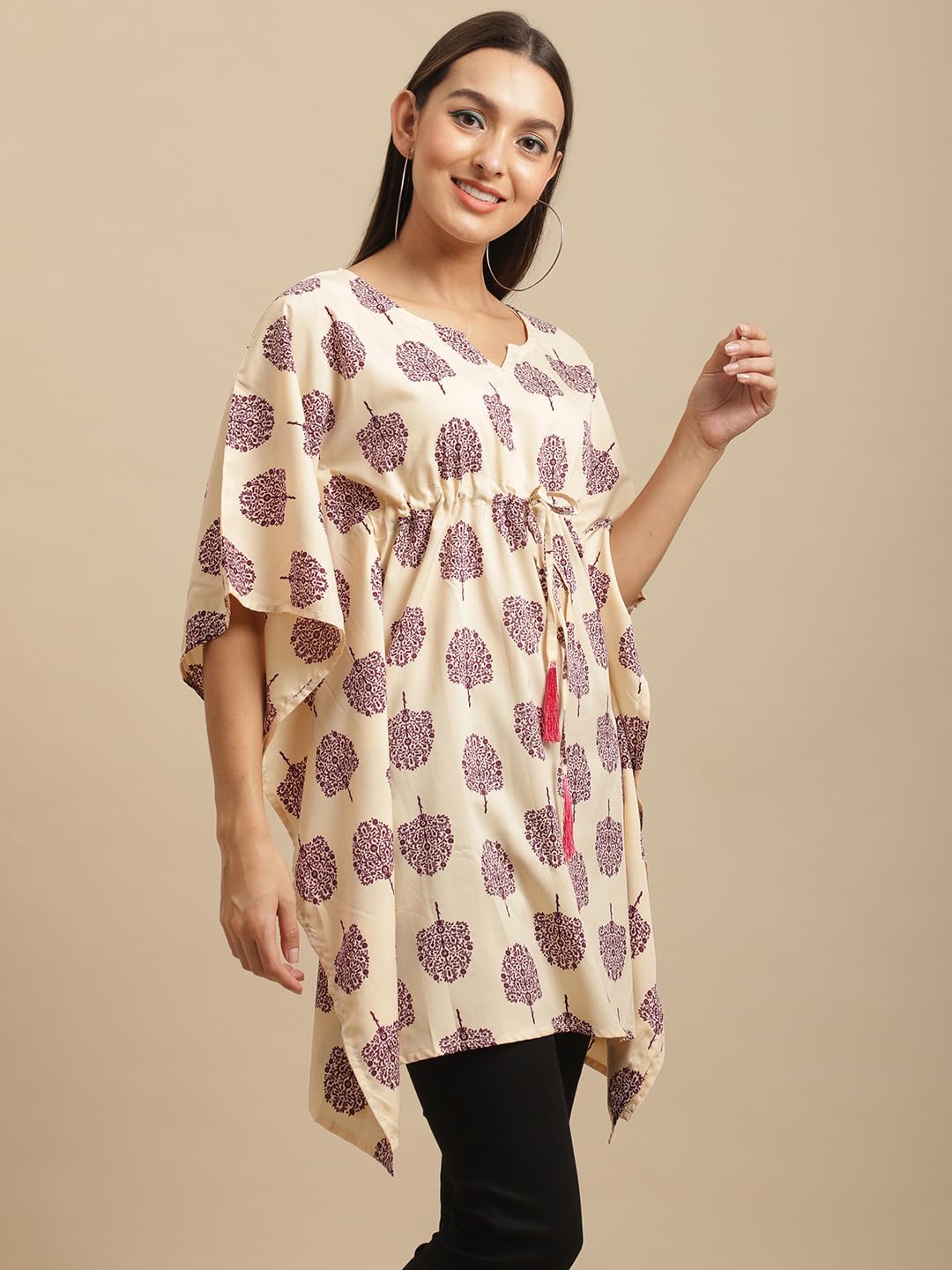 Preneum Women's Striped Regular Fit Kaftan (A-KFT-08_Cream XL) 3