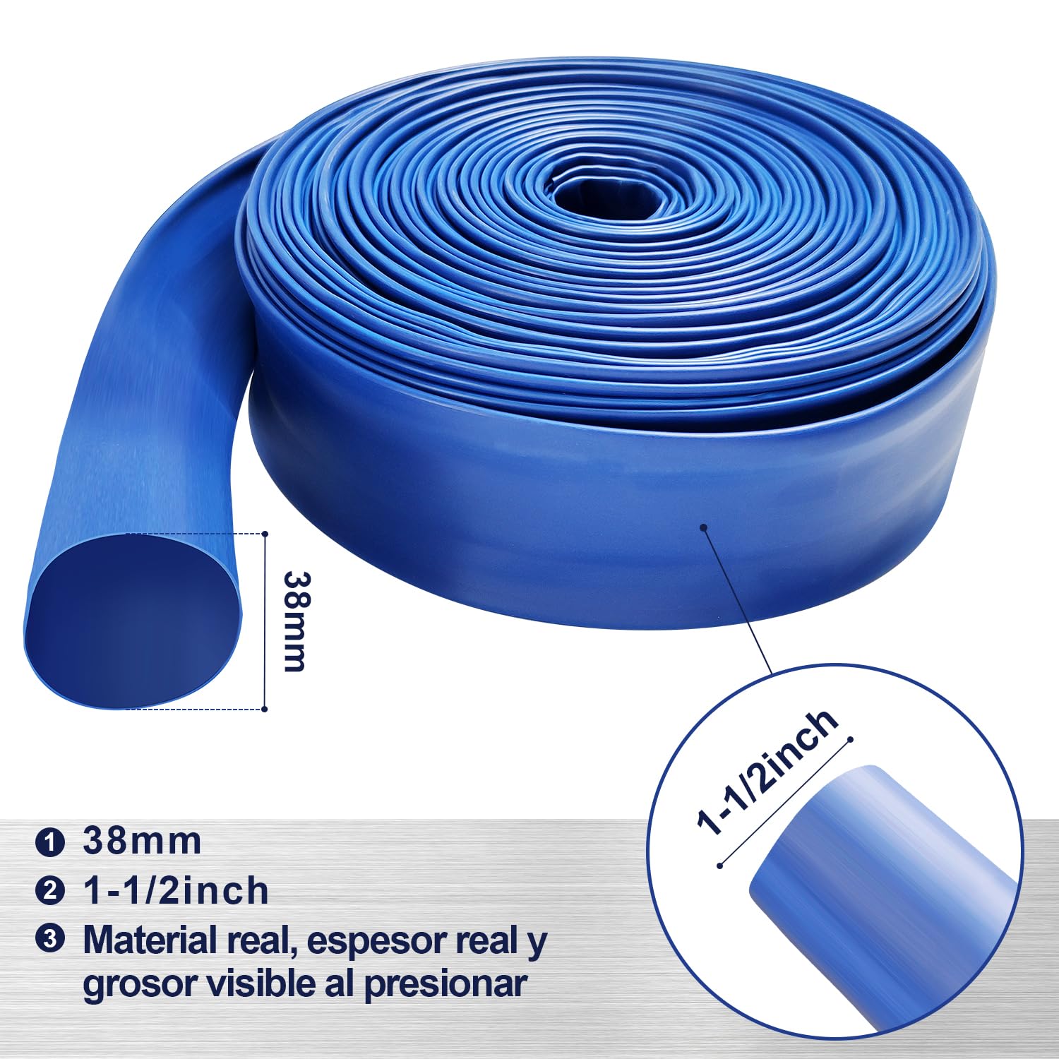 Manguera Plana Flexible con 2 Anillos de Conexión, 15m / Ø38mm Manguera de Descarga para Bombas, Manguera De Agua para Jardín, Piscina, Estanque