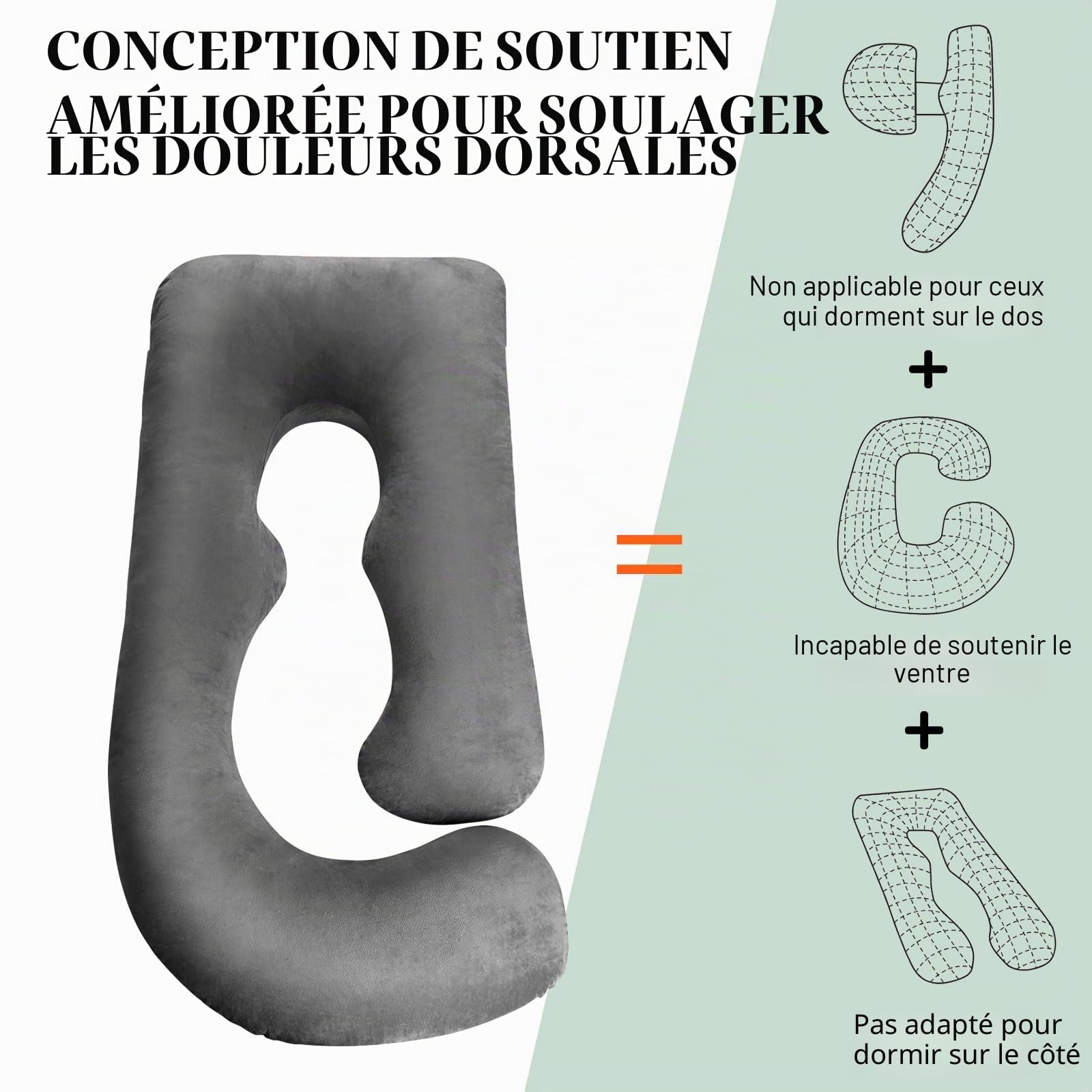 170 CM Coussin de Grossesse pour Dormir, Oreiller de Corps Complet en Forme de U, Soutien pour Le Dos, Les Hanches et Les Jambes des Femmes Enceintes, avec Une Housse en Velours Lavable (Gris)