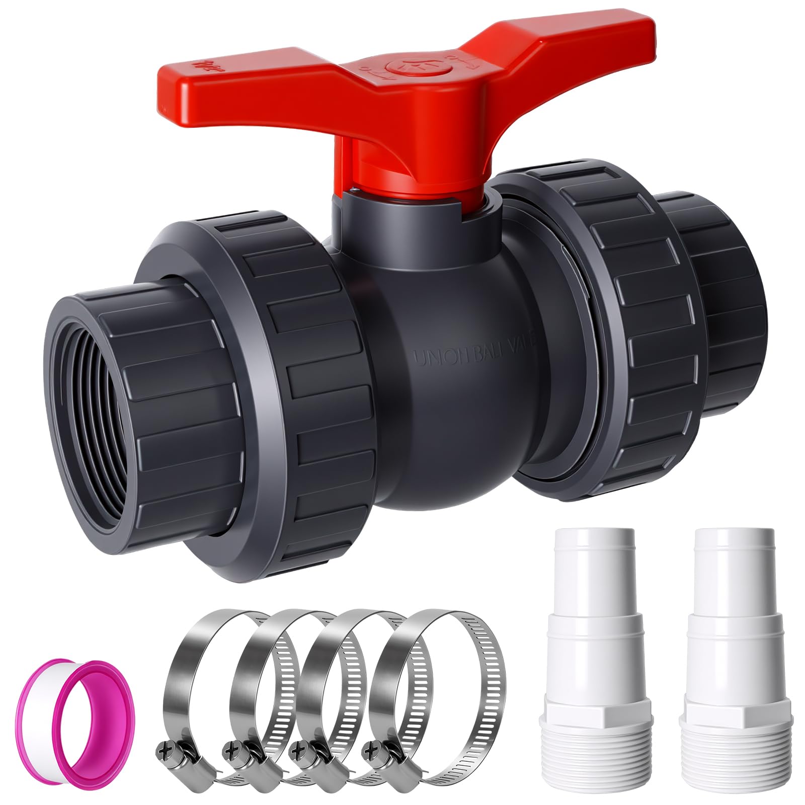 Valvola per Piscina con Raccordo 50 mm, Valvola a sfera professionale per Tubo Flessibile da 32-38 mm Raccordo per Piscina Rubinetto di Arresto da 1 1/2", 2 Raccordi