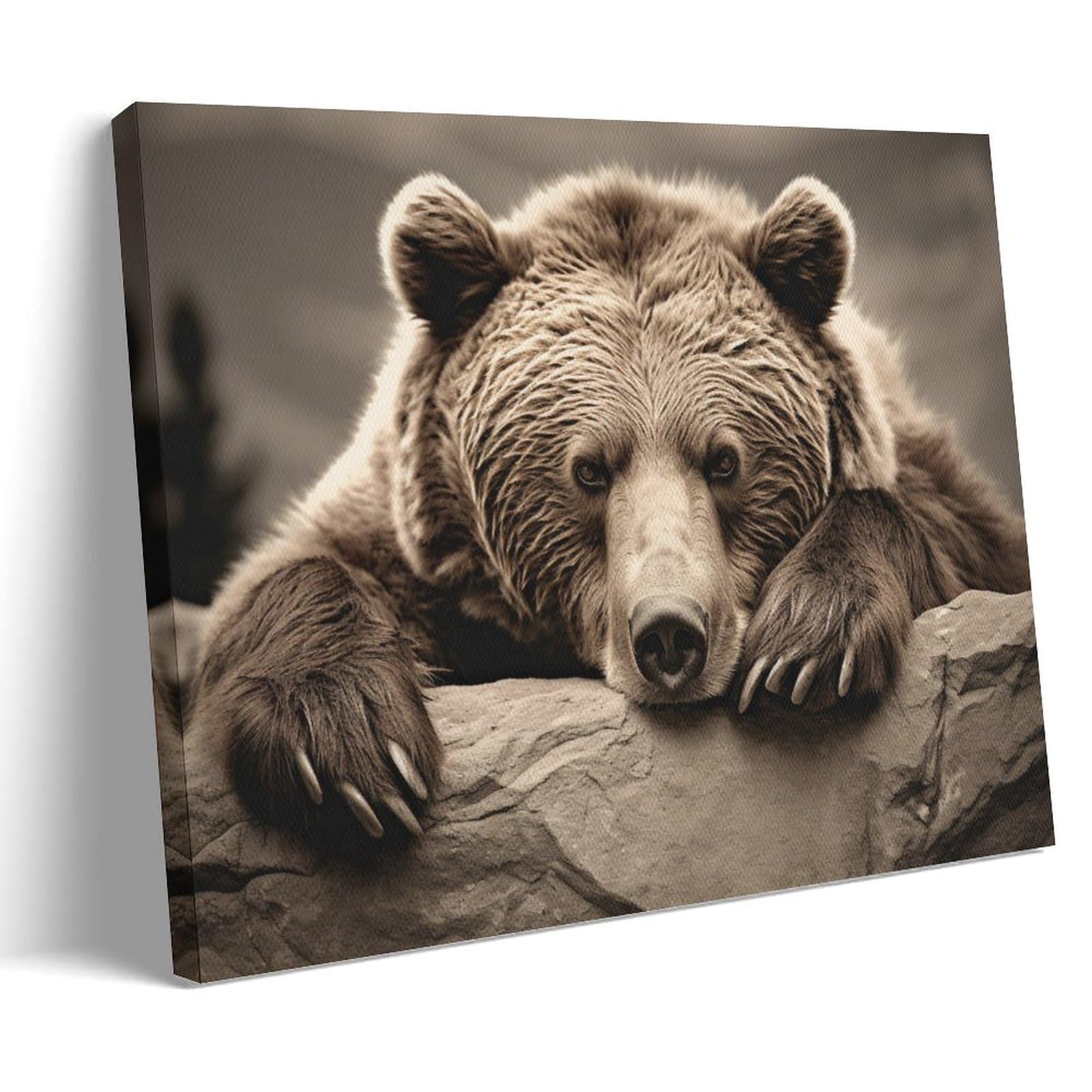 AYAROS Modern Brown Bear Wall Art Prints Retro Cute Stone Animal Pictures on Canvas Poster Wall Decor for Bedroom Home Decorations 08x12inch(20x30cm) Framed 08x12 inch