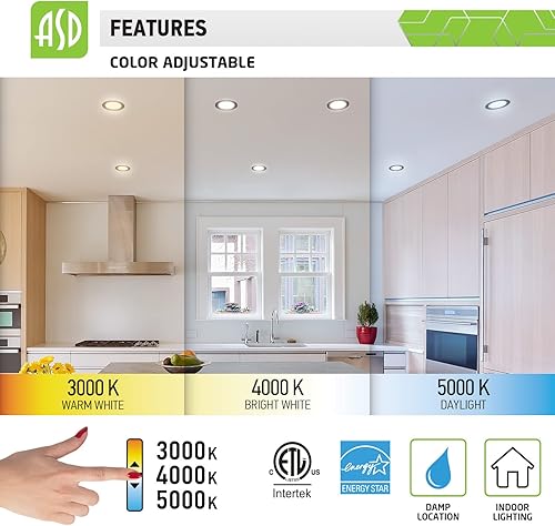 Miniatura 5 de ASD Luz LED empotrable de 12 pulgadas, 3 CCT, 3000 K, 4000 K, 5000 K, seleccionable, clasificación IC, ultra delgada, regulable con caja de